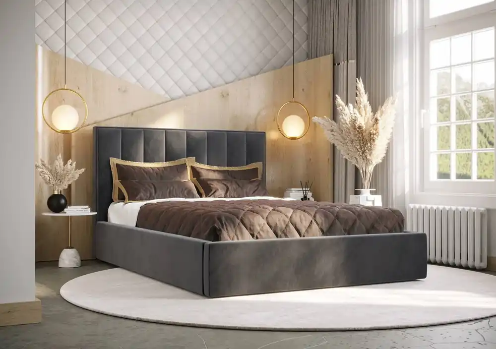 Online Kaufen Polsterbett Rinus 140x200 mit Aufbewahrung Grau Modernes skandinavisches Stilbett mit bequemem Kopfteil