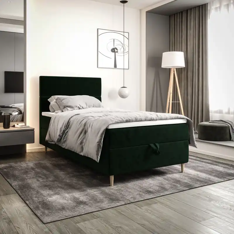 Boxspringbett Bing 120x200 flaschengrün im modernen skandinavischen Stil mit gepolstertem Kopfteil Bett mit Staukasten Geprüft