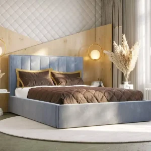 Zertifiziert Polsterbett Rinus 180x200 mit Aufbewahrung Hellblau Modernes skandinavisches Stilbett mit bequemem Kopfteil