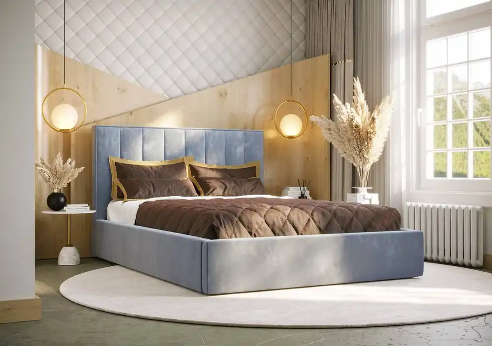 Zertifiziert Polsterbett Rinus 180x200 mit Aufbewahrung Hellblau Modernes skandinavisches Stilbett mit bequemem Kopfteil