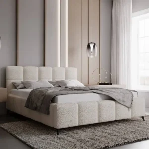 Ausverkauf Polsterbett Olne 180x200 creme stilvolles Bett mit Bettzeugablage bequemes Kopfteil besticht durch sein elegantes Design
