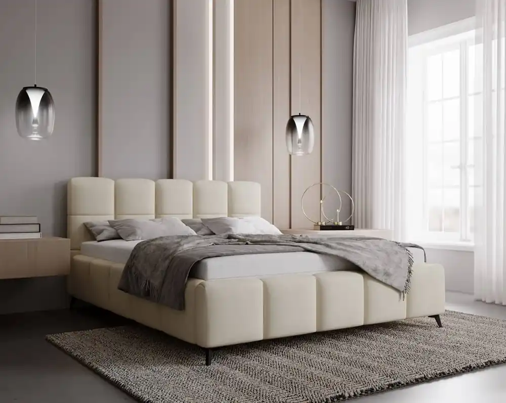 Polsterbett Olne 140x200 beige stilvolles Bett mit Bettzeugablage komfortables Kopfteil besticht durch sein elegantes Design Ausverkauf
