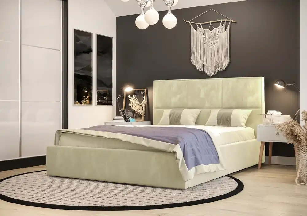 Polsterbett Hestia 140x200 mit Container beige im modernen skandinavischen Stil mit bequemer Kopfstütze Preisknaller