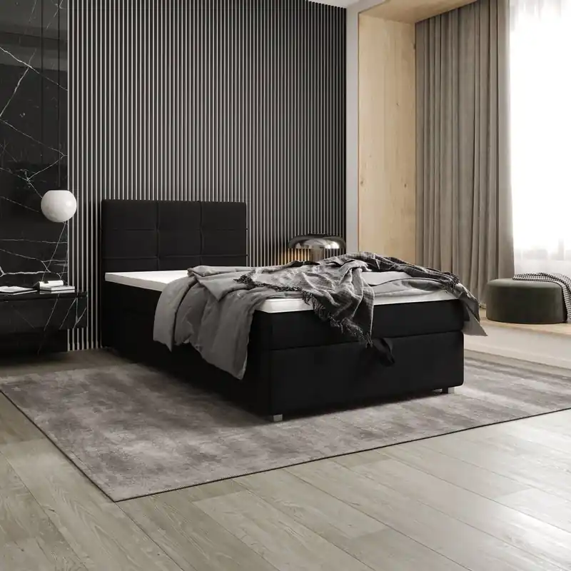 Boxspringbett Fresno 90x200 schwarz im modernen skandinavischen Stil mit gepolstertem Kopfteil Bett mit Staukasten Versand Am Gleichen Tag