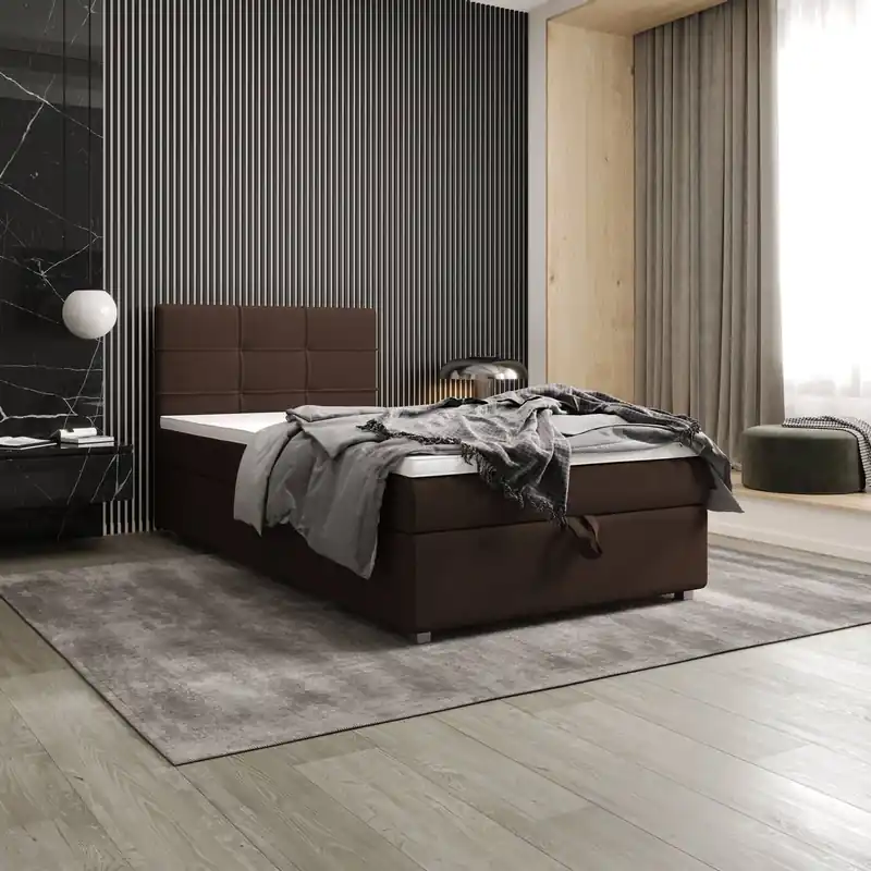 Boxspringbett Fresno 90x200 braun im modernen skandinavischen Stil mit gepolstertem Kopfteil Bett mit Staukasten Neu Im Sortiment