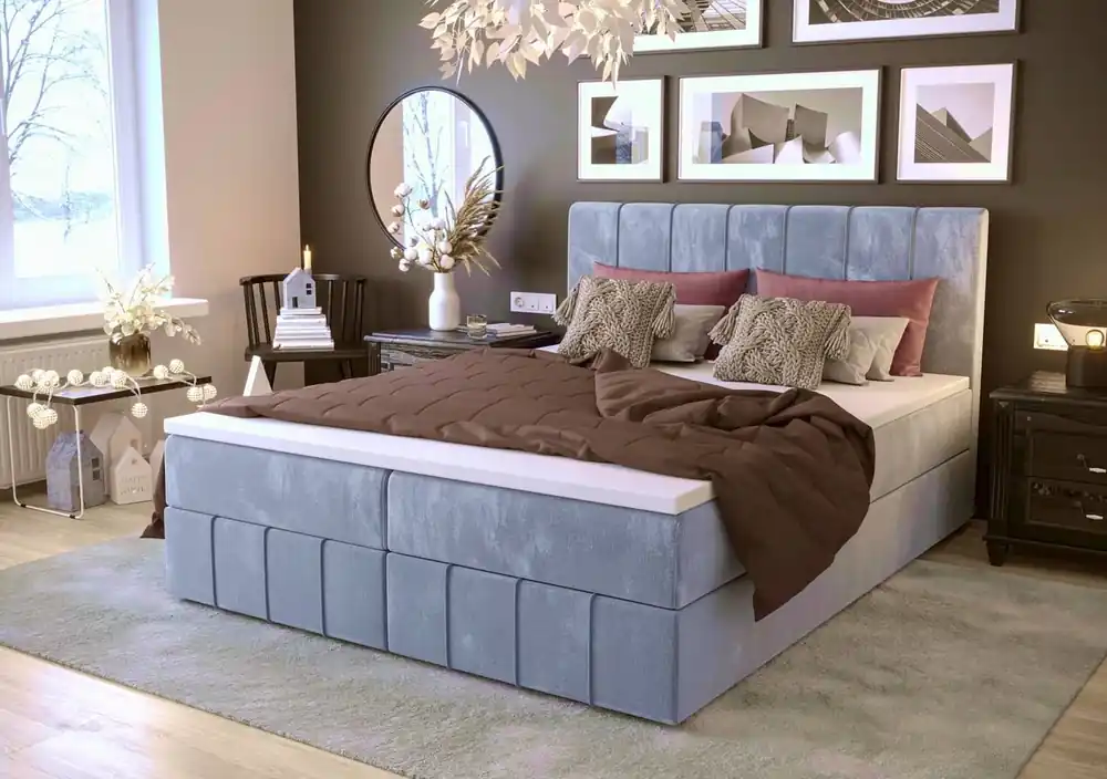 Boxspringbett Casey 180x200 hellblau Bett im modernen skandinavischen Stil mit markantem Kopfteil Finale Aktion