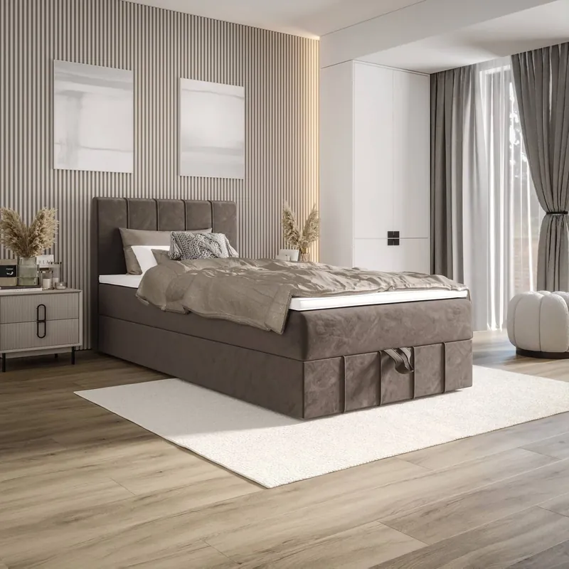 Boxspringbett Casey 120x200 hellbraun im modernen skandinavischen Stil mit gepolstertem Kopfteil Bett mit Staukasten Preis Gesenkt