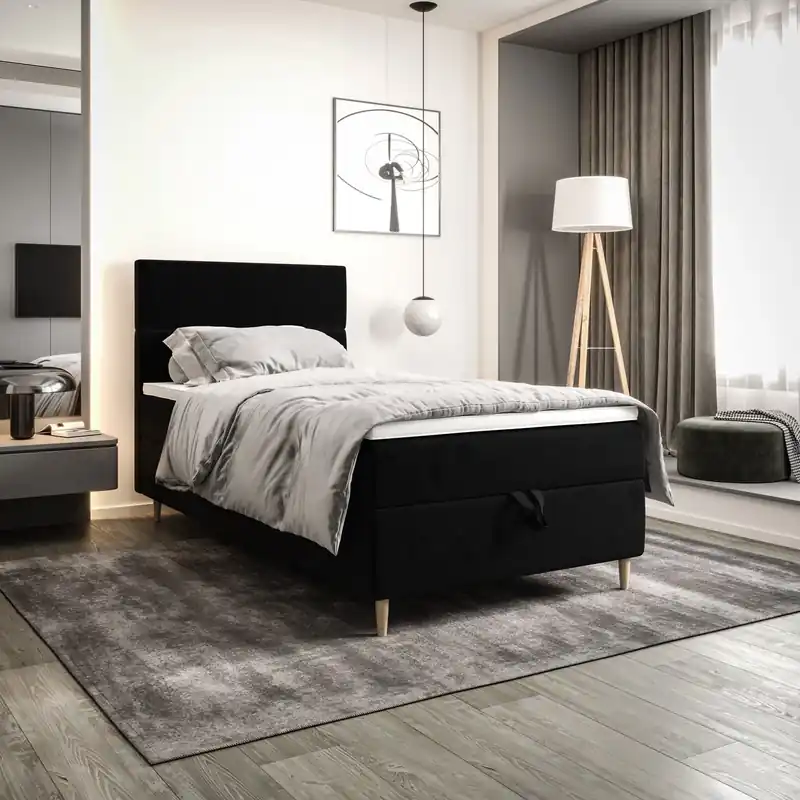 Boxspringbett Bing 90x200 schwarz im modernen skandinavischen Stil mit gepolstertem Kopfteil Bett mit Staukasten Bestpreis