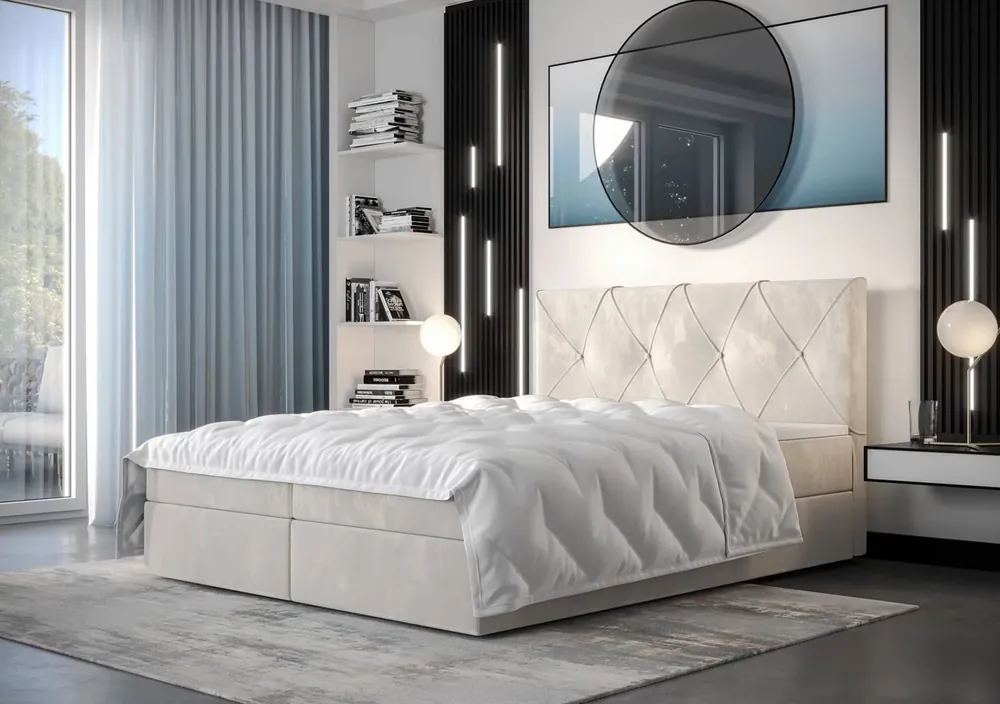Boxspringbett Arvada 160x200 beige Bett im modernen skandinavischen Stil mit gepolstertem Kopfteil Schneller Versand