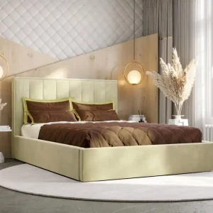 Ausverkauf Polsterbett Rinus 140x200 mit Aufbewahrung Beige Modernes skandinavisches Stilbett mit bequemem Kopfteil