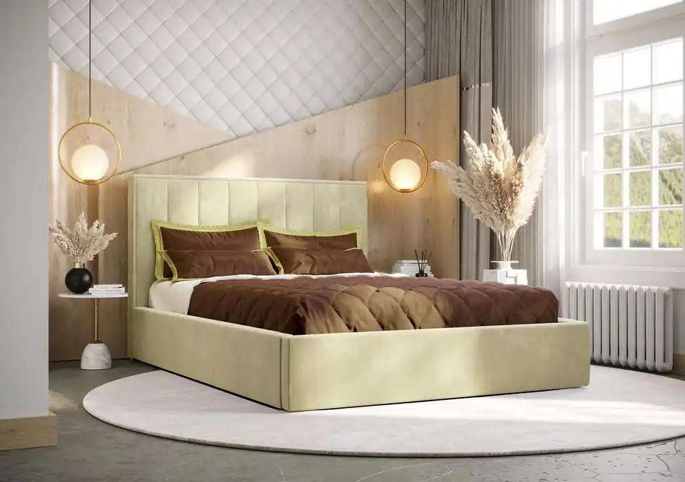 Ausverkauf Polsterbett Rinus 140x200 mit Aufbewahrung Beige Modernes skandinavisches Stilbett mit bequemem Kopfteil