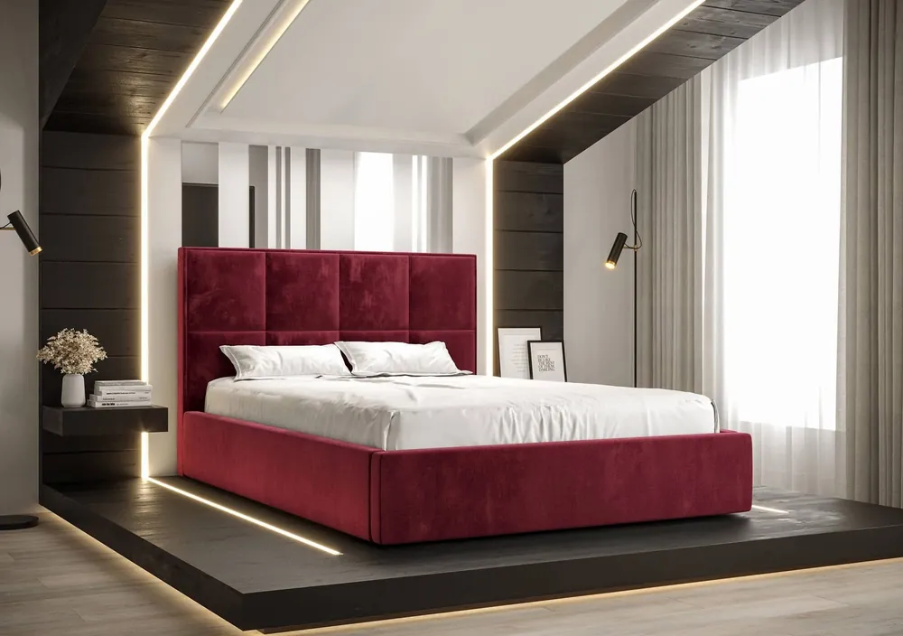 Heißes Angebot Polsterbett Aresa 140x200 mit Aufbewahrung Dunkelrot Modernes skandinavisches Stilbett mit bequemem Kopfteil