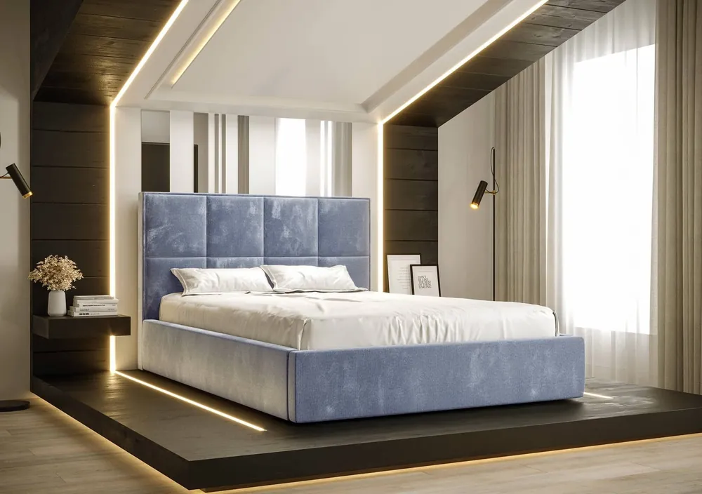 Solange Der Vorrat Reicht Polsterbett Aresa 160x200 mit Aufbewahrung Hellblau Modernes skandinavisches Stilbett mit bequemem Kopfteil