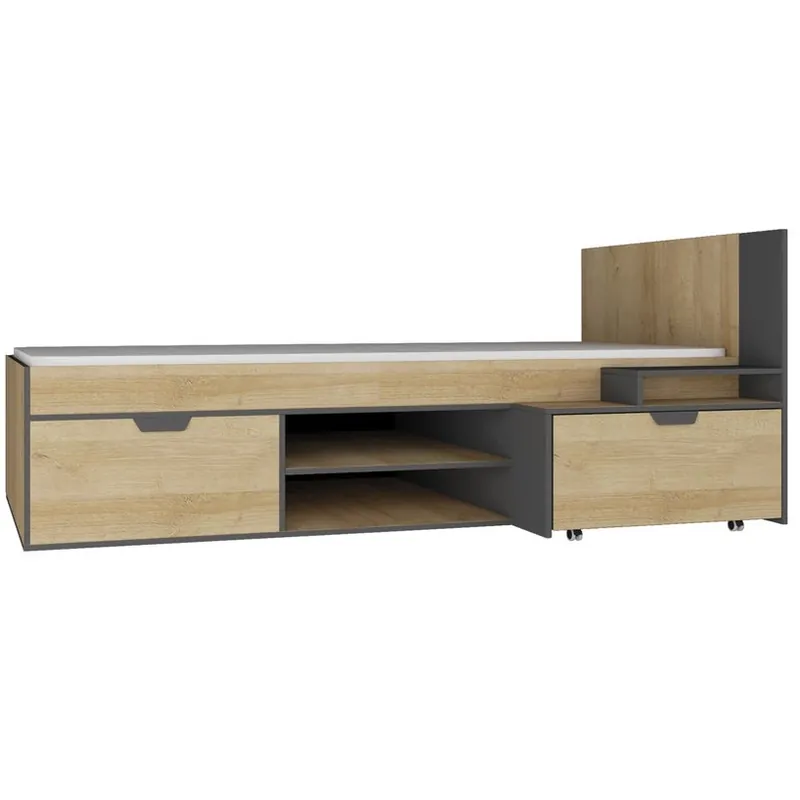 Saisonangebot Bett mit Container Nano 90x200 cm graphit / Eiche riviera ideal für ein Kinder- und Jugendzimmer Einfassung mit speziellen Furnier beendet