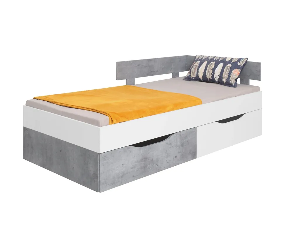 Bett mit Schubladen Epsilon 90x200 cm weiß / Beton modernes Design Bettumrandung fertig mit speziellen ABS-Furnier Preiswert