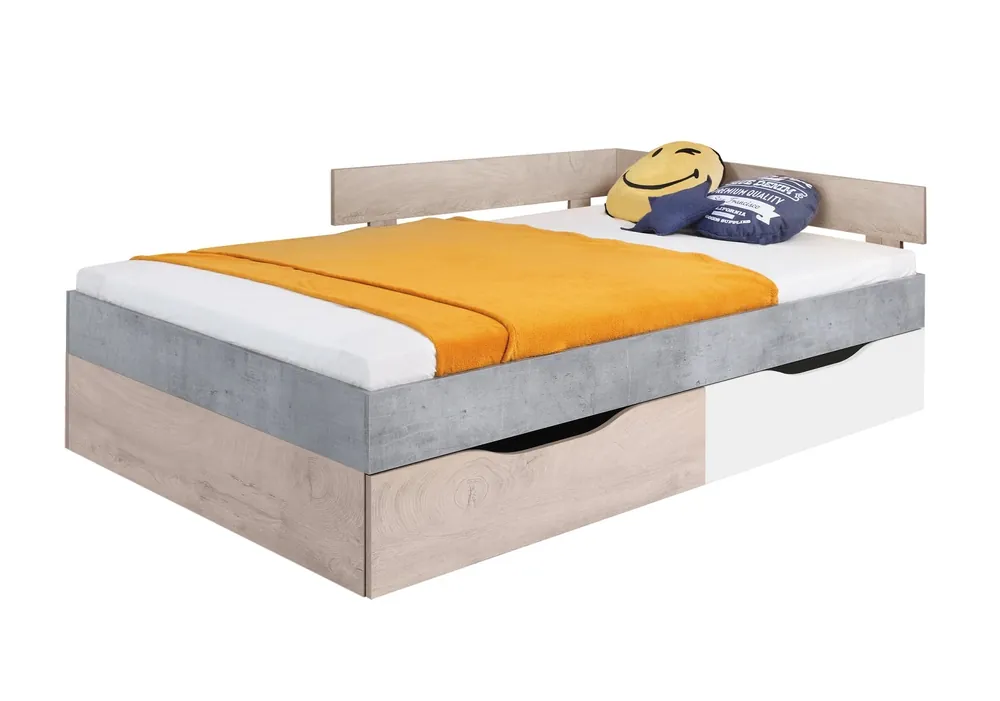 Geprüft Bett mit Schubladen Epsilon 120x200 cm Beton / weiß / Eiche modernes Design Bettumrandung mit speziellem ABS-Furnier verarbeitet