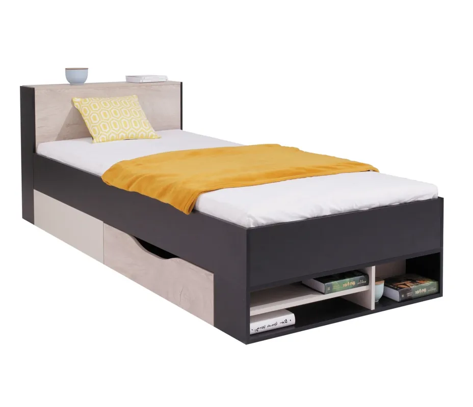 Sonderangebot Bett mit Schublade Niko 90x200 cm schwarz / Eiche / beige modernes Bettdesign Ausziehbare Ablagen im Kopfteil