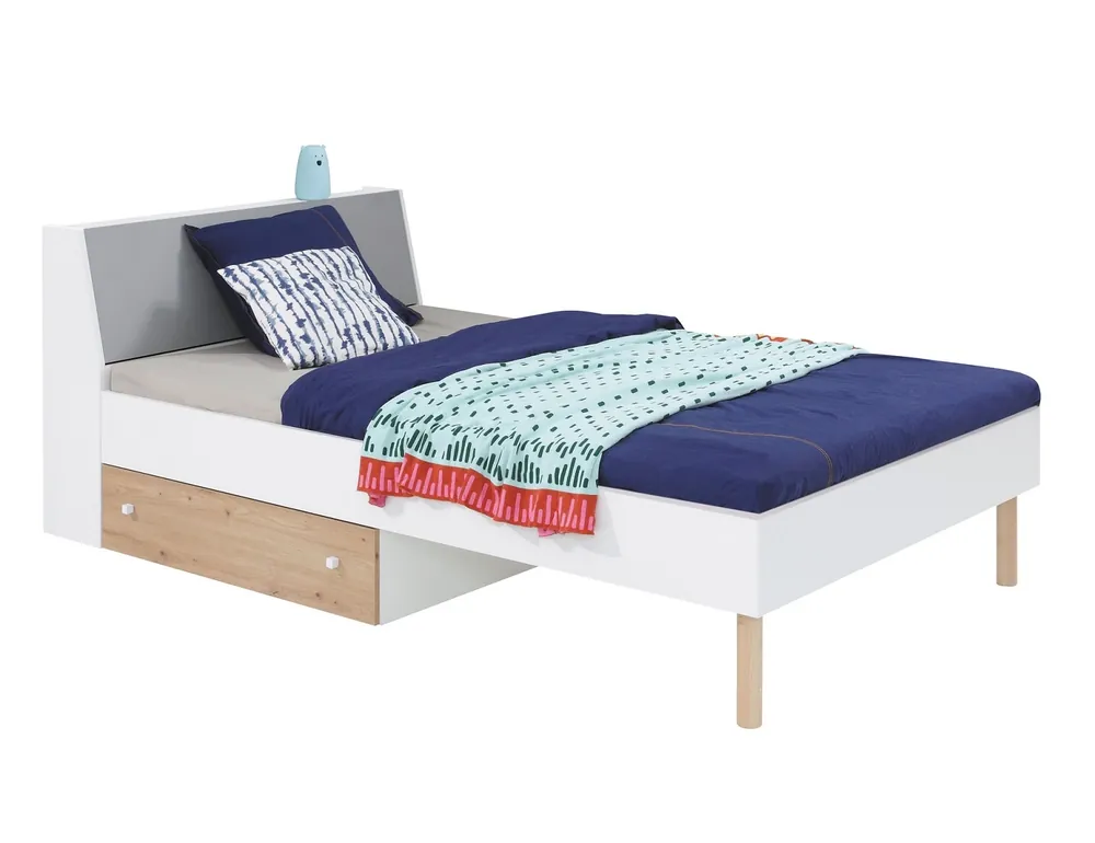 Ausverkauf Bett mit Schublade Beja 90x200 cm weiß / Eiche artisan / grau ideal für Kinderzimmer und Jugendzimmer Stauraum im Kopfteil