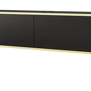 TV-Schrank Luxury 135 cm schwarzer eleganter Designschrank mit goldener Zierleiste Schrank auf schwarzen Metallbeinen Knallerangebot