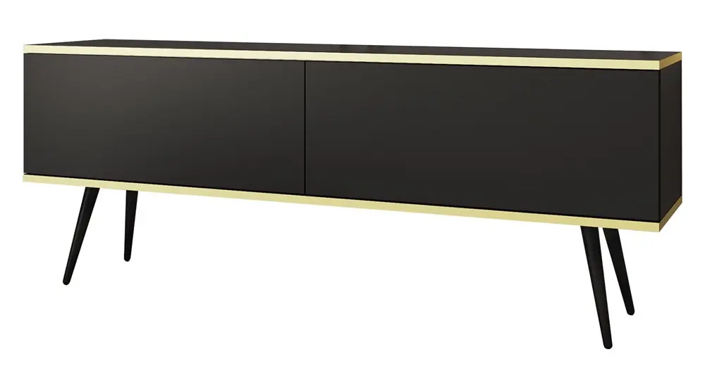 TV-Schrank Luxury 135 cm schwarzer eleganter Designschrank mit goldener Zierleiste Schrank auf schwarzen Metallbeinen Knallerangebot