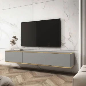 Sichere Zahlung TV-Lowboard Luxury 175 cm Grau Begeistert Liebhaber eleganter Arrangements Korpus verziert mit einer goldenen Leiste stilvolle geriffelte Front