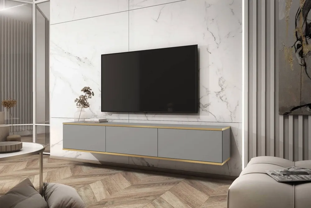 Sichere Zahlung TV-Lowboard Luxury 175 cm Grau Begeistert Liebhaber eleganter Arrangements Korpus verziert mit einer goldenen Leiste stilvolle geriffelte Front