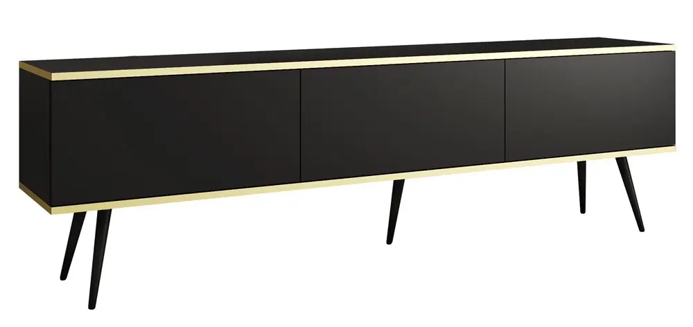 Rabatt TV-Schrank Luxury 175 cm schwarz elegantes Design Schrank mit goldener Zierleiste Schrank auf schwarzen Metallbeinen