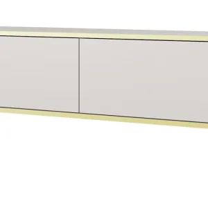 Echt TV-Schrank Luxury 135 cm weiß eleganter Design-Korpus mit goldener Zierleiste Schrank auf schwarzen Metallbeinen