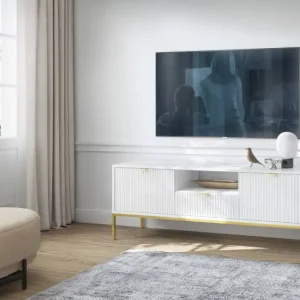 Begrenztes Angebot TV Schrank Lovro 154 cm weiß modernes Design wird Liebhaber von ausdrucksstarken Interieurs begeistern goldene Metall-Accessoires