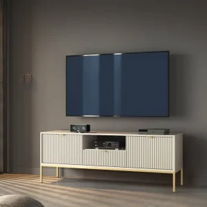 Sonderangebot TV Schrank Lovro 154 cm beige modernes Design wird Liebhaber von ausdrucksstarken Interieurs begeistern goldene Metall-Accessoires