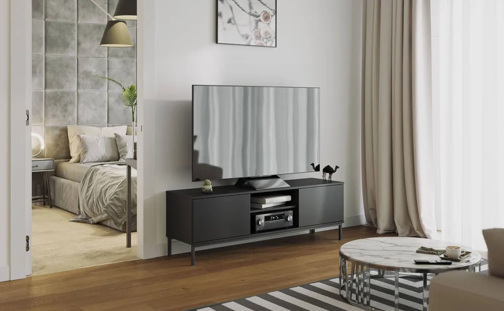 Sichere Zahlung RTV-Schrank Tutti 150 cm schwarz elegantes Schrankdesign Metall massiver Sockel Türen öffnen mit Push-to-Open-System