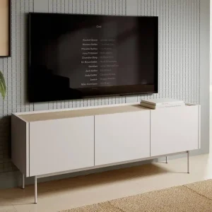 RTV Schrank Vellore 144 cm beige minimalistisches Design grifflose Fronten Metallbeine in der Farbe der Schrankfronten abgesenkte Platte Angebot