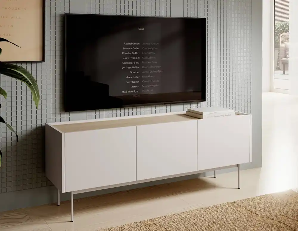 RTV Schrank Vellore 144 cm beige minimalistisches Design grifflose Fronten Metallbeine in der Farbe der Schrankfronten abgesenkte Platte Angebot