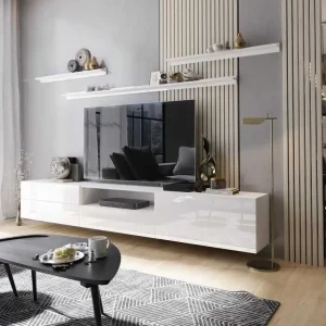 Geprüft TV-Schrank Plomari 258 cm weiß / weiß glänzend mit Einlegeböden minimalistisches Design in einer modernen Anordnung geräumige Schubladen