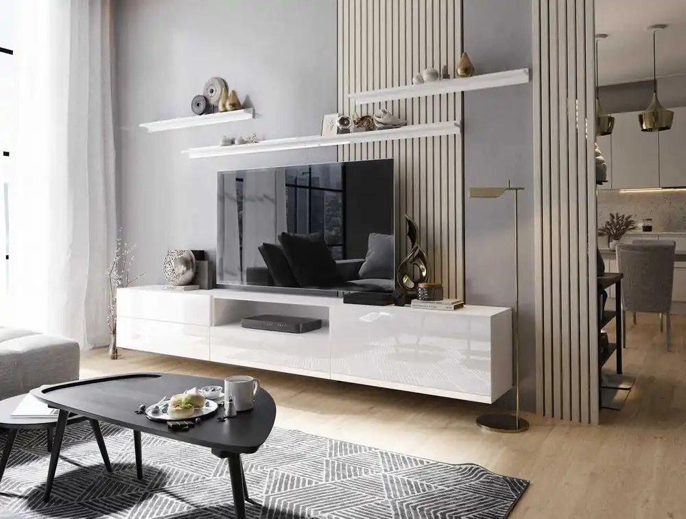 Geprüft TV-Schrank Plomari 258 cm weiß / weiß glänzend mit Einlegeböden minimalistisches Design in einer modernen Anordnung geräumige Schubladen