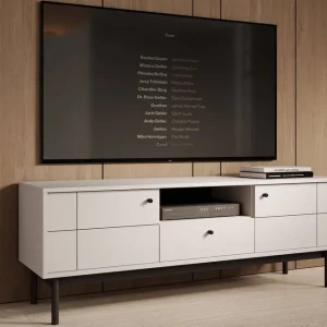 Bestseller TV-Schrank Modesta 154 cm beige schlicht und solide in gedeckten Farben dezente Metallgriffe ideal für Innenräume im japanischen Stil