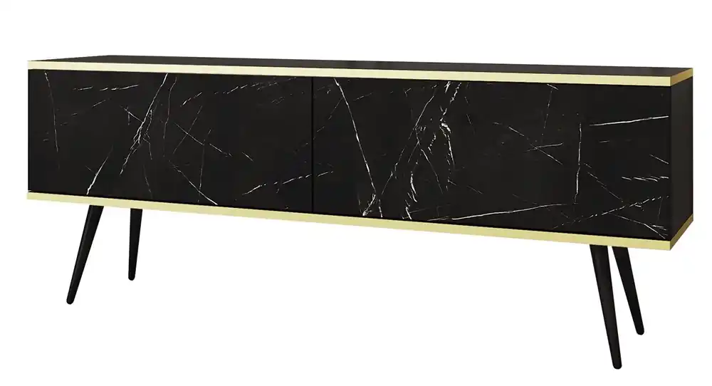 Direktkauf TV-Schrank Luxury 135 cm schwarzer Marmor eleganter Designkorpus mit goldener Zierleiste Schrank auf schwarzen Metallbeinen