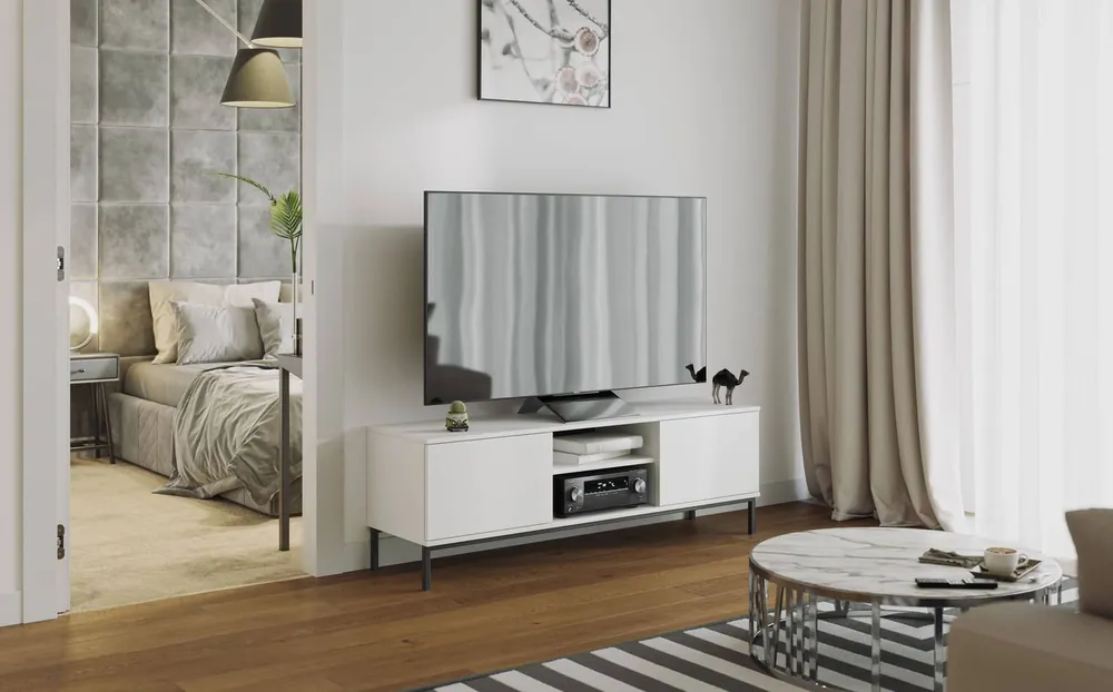 Online Kaufen RTV-Schrank Tutti 150 cm weiß elegantes Schrankdesign Metall massiver Sockel Türen öffnen sich mit einem Push-to-Open-System