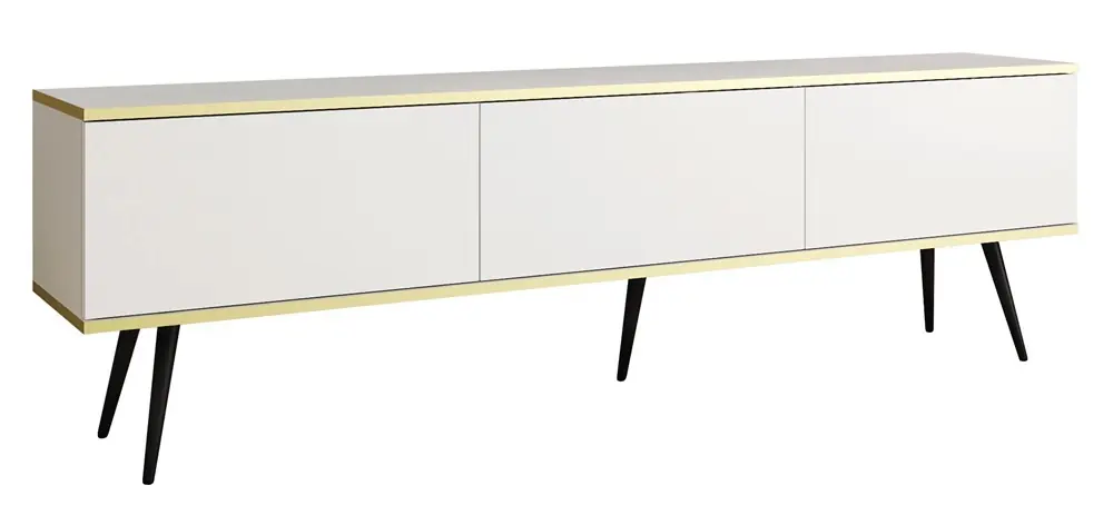 TV-Schrank Luxury 175 cm weißer eleganter Design-Korpus mit goldener Zierleiste Schrank auf schwarzen Metallbeinen Neu Im Sortiment