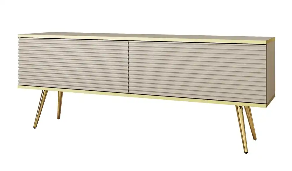 TV-Schrank Luxury 135 cm beige elegantes Design stilvolle geriffelte Front Korpus mit goldenen Zierleisten goldenen Metallbeinen gekrönt Markenprodukt