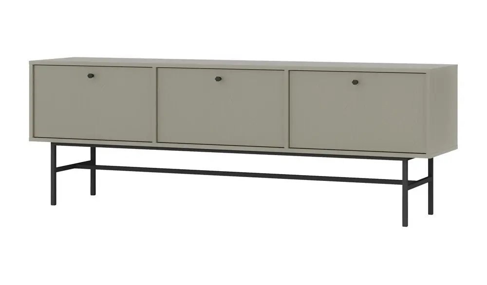 RTV-Schrank Kioto III 180 cm Eukalyptus stilvolles Design Metallrahmenschrank mit nach unten öffnenden Türen gedeckte Farben Preisreduziert