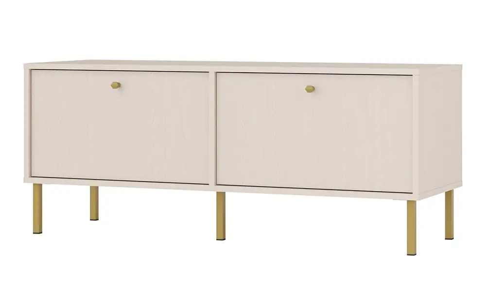 Markenprodukt RTV-Schrank Kioto II 121 cm beige eleganter Schrank mit nach unten öffnenden Türen gedeckte Farben goldener Metallsockel