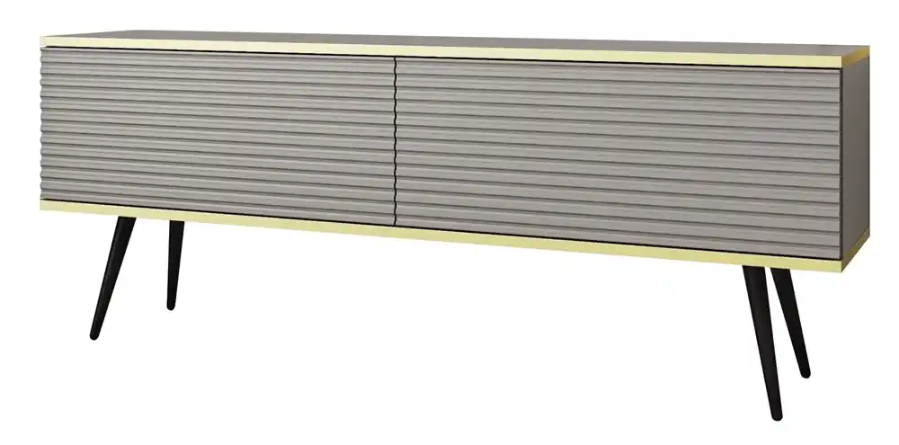 Ausverkauf TV-Schrank Luxury 135 cm grau elegantes Design stilvolle geriffelte Front Korpus mit goldenen Zierleisten schwarze Metallbeine gekrönt