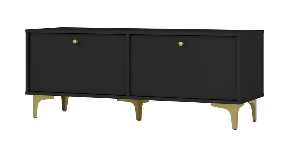 RTV-Schrank Kioto I 121 cm schwarz graphit eleganter Schrank mit nach unten öffnenden Türen zeitlose Farben goldenes Zubehör Saisonangebot