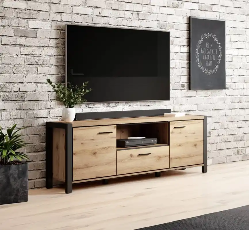 RTV Schrank Aktiv 180 cm Eiche Taurus / schwarz Stilvoller TV-Schrank im Industriestil Metallgriffe in schwarz Preisreduziert