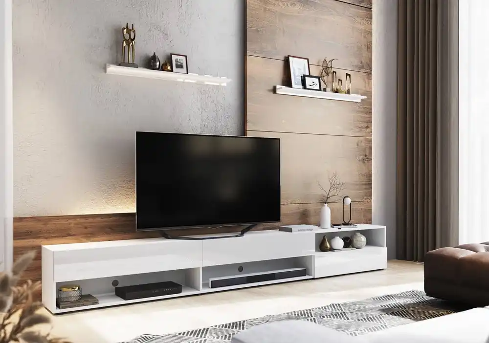 Lawrio 266 cm weiß / weiß glänzend RTV Schrank mit Aufhängung und Einlegeböden stilvolles Design, das zu jeder Einrichtung passt Aktuell