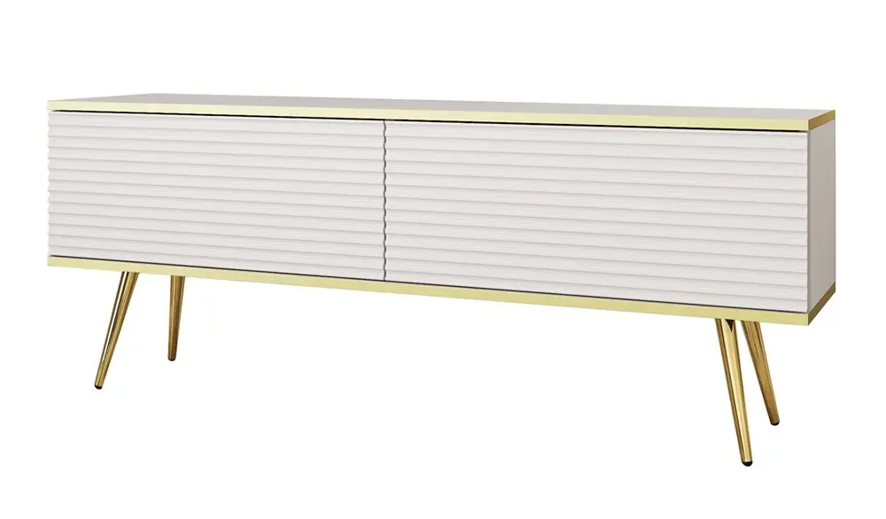 TV-Schrank Luxury 135 cm weiß elegantes Design stilvolle geriffelte Front Korpus mit goldenen Zierleisten goldenen Metallbeinen gekrönt Nur Heute
