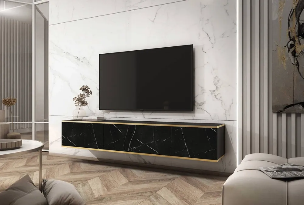 Preis Gesenkt TV-Lowboard Luxury 175 cm Schwarzer Marmor Begeistert Liebhaber eleganter Arrangements Korpus verziert mit einer goldenen Leiste dekorative Marmoroberfläche