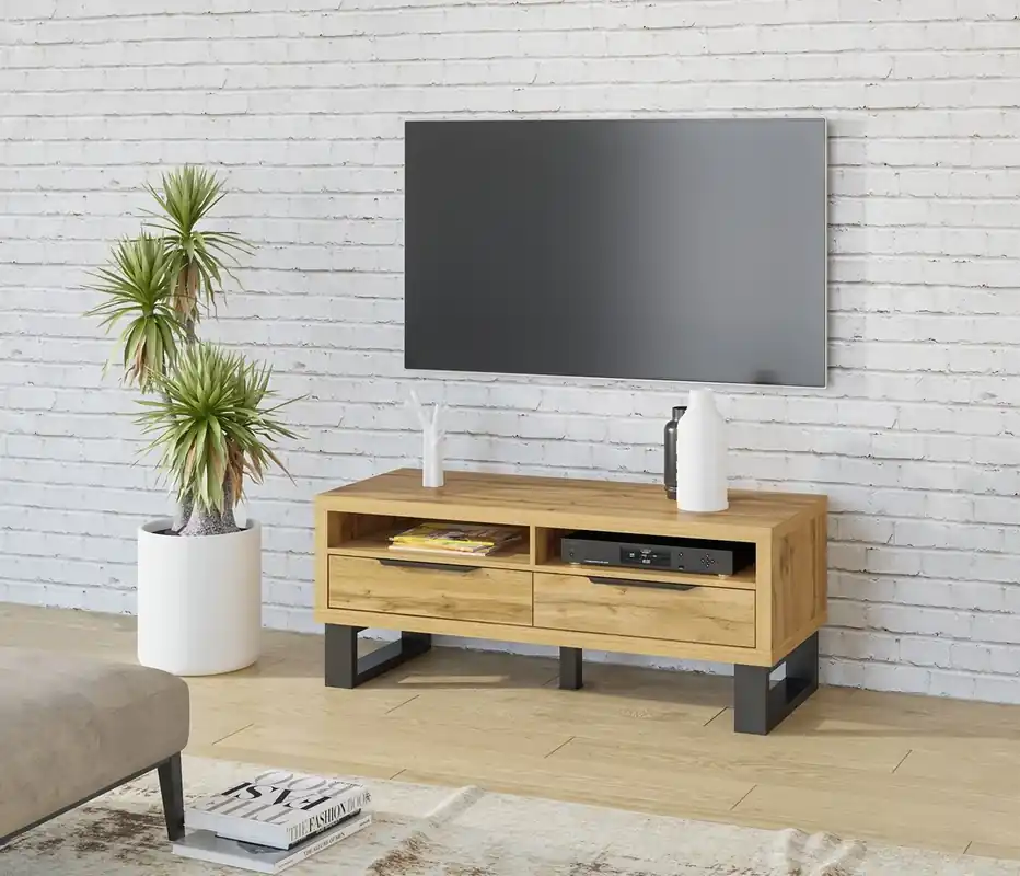 Preiswert TV Schrank Halle 124 cm Eiche wotan modernes Design geräumige Schubladen Loft-Stil RTV Schrank auf einem Metallrahmen unterstützt