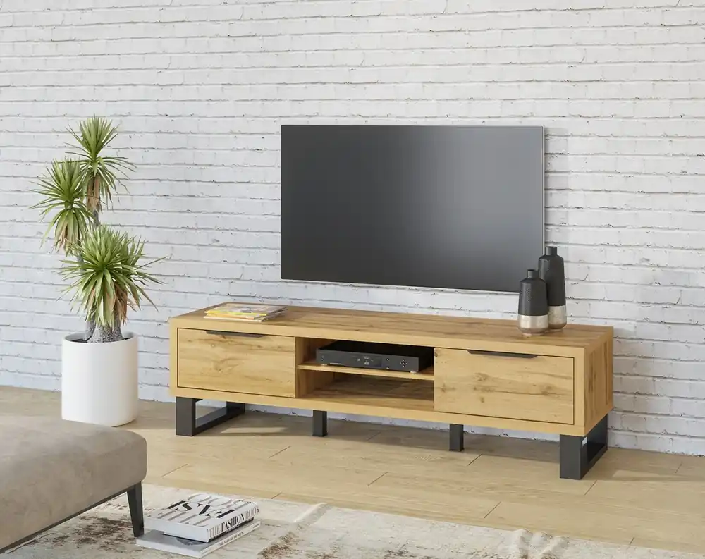 RTV Schrank Halle 180 cm Eiche wotan modernes Design Metallrahmen schwarz RTV Schrank loft industrial style Highlight